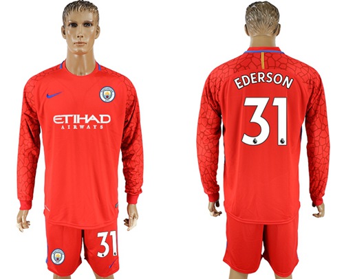 Manchester City #31 Ederson Red Goalkeeper Long Sleeves Soccer Club Jersey - Click Image to Close